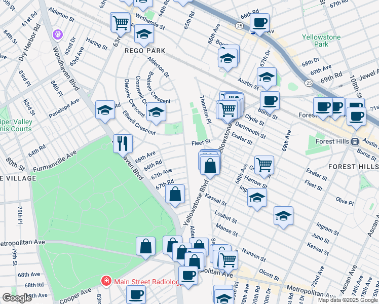map of restaurants, bars, coffee shops, grocery stores, and more near 66-23 Alderton Street in Queens