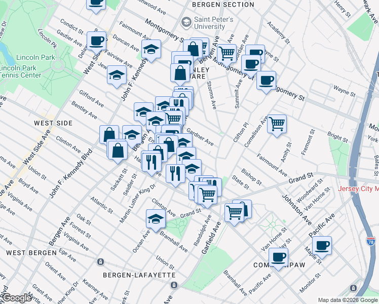 map of restaurants, bars, coffee shops, grocery stores, and more near 92A Astor Place in Jersey City