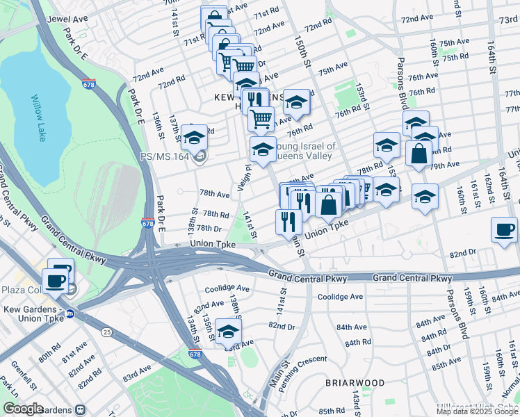 map of restaurants, bars, coffee shops, grocery stores, and more near 141-21 78th Road in Queens
