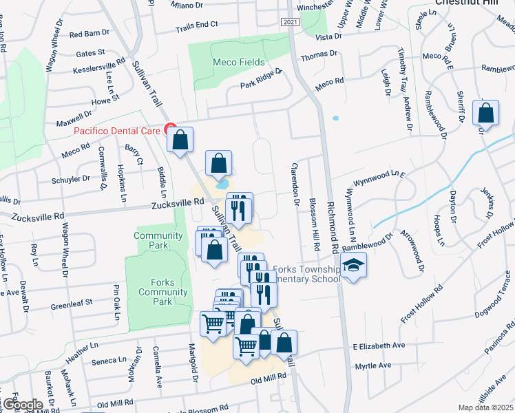 map of restaurants, bars, coffee shops, grocery stores, and more near 1983 Mercer Way in Easton