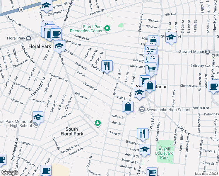 map of restaurants, bars, coffee shops, grocery stores, and more near 153 Oak Street in Floral Park