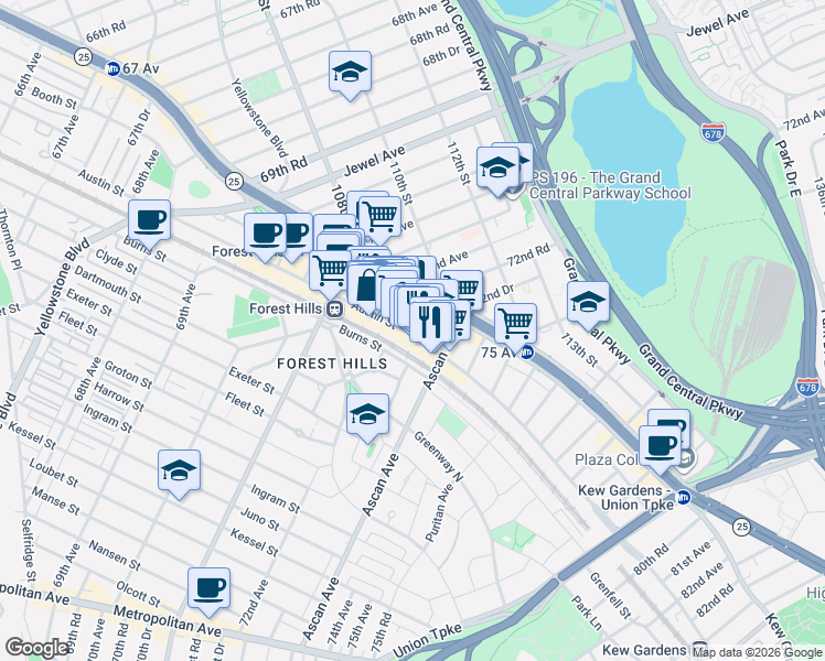 map of restaurants, bars, coffee shops, grocery stores, and more near 72-03 Austin Street in Queens