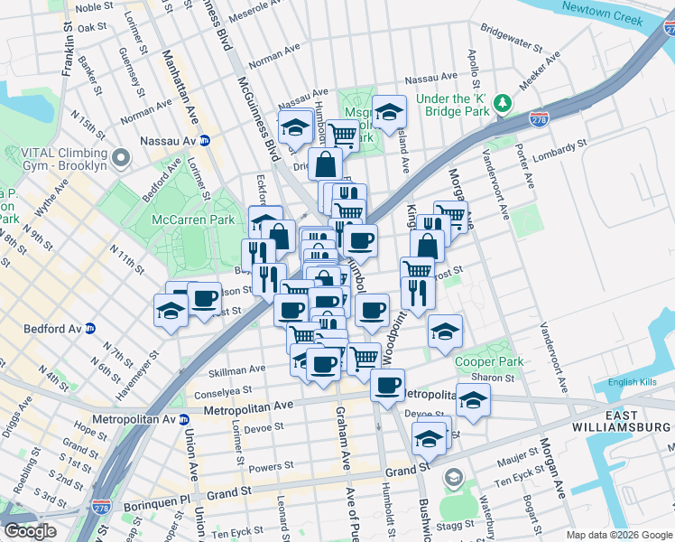 map of restaurants, bars, coffee shops, grocery stores, and more near 177 Richardson Street in Brooklyn