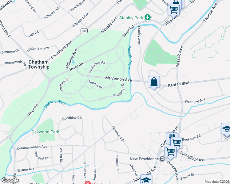 map of restaurants, bars, coffee shops, grocery stores, and more near 142 Riveredge Drive in Chatham Township