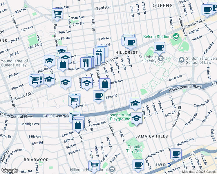 map of restaurants, bars, coffee shops, grocery stores, and more near 82-12 164th Place in Queens