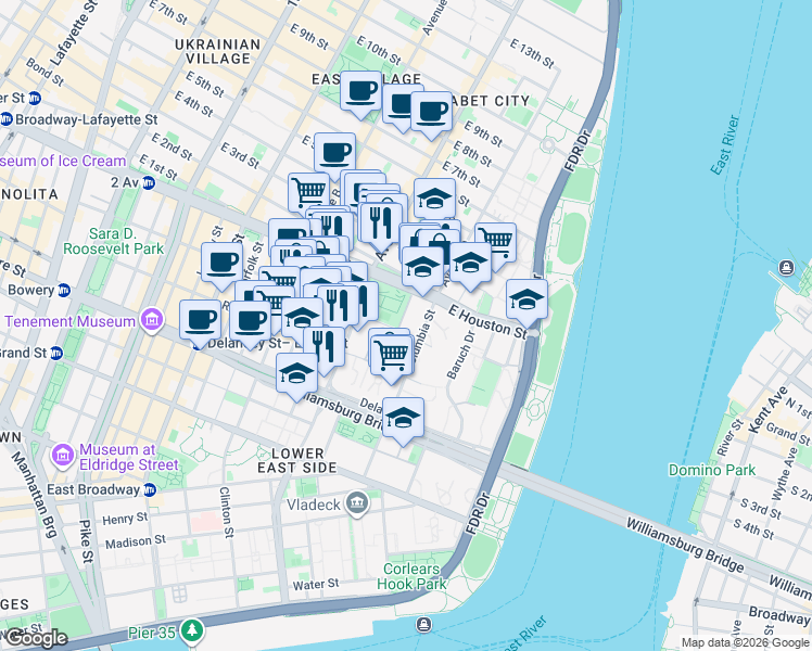 map of restaurants, bars, coffee shops, grocery stores, and more near 415 East Houston Street in New York