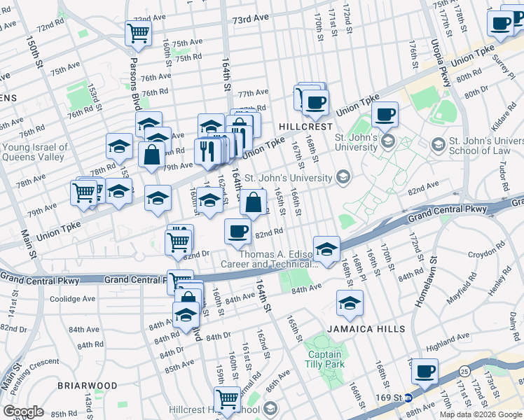 map of restaurants, bars, coffee shops, grocery stores, and more near 82-12 164th Place in Queens