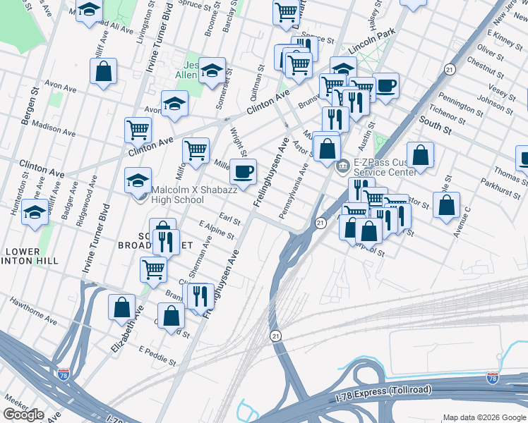 map of restaurants, bars, coffee shops, grocery stores, and more near 92 Frelinghuysen Avenue in Newark