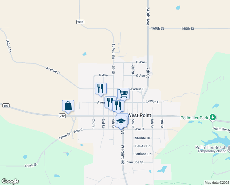 map of restaurants, bars, coffee shops, grocery stores, and more near 413 4th Street in West Point