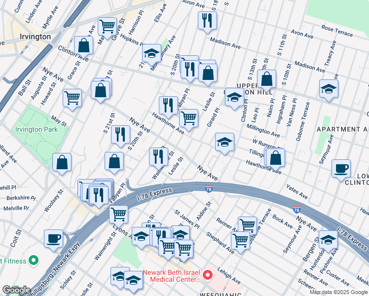map of restaurants, bars, coffee shops, grocery stores, and more near 119 Leslie Street in Newark