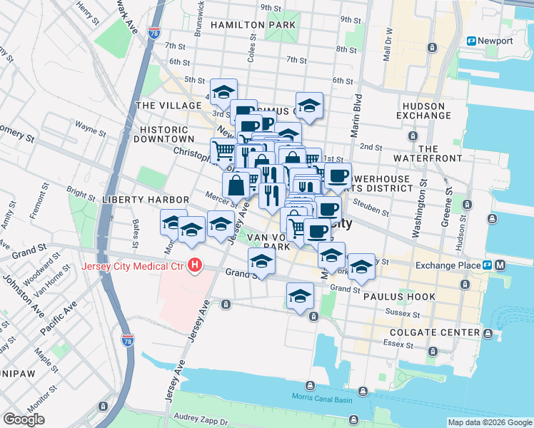 map of restaurants, bars, coffee shops, grocery stores, and more near in Jersey City
