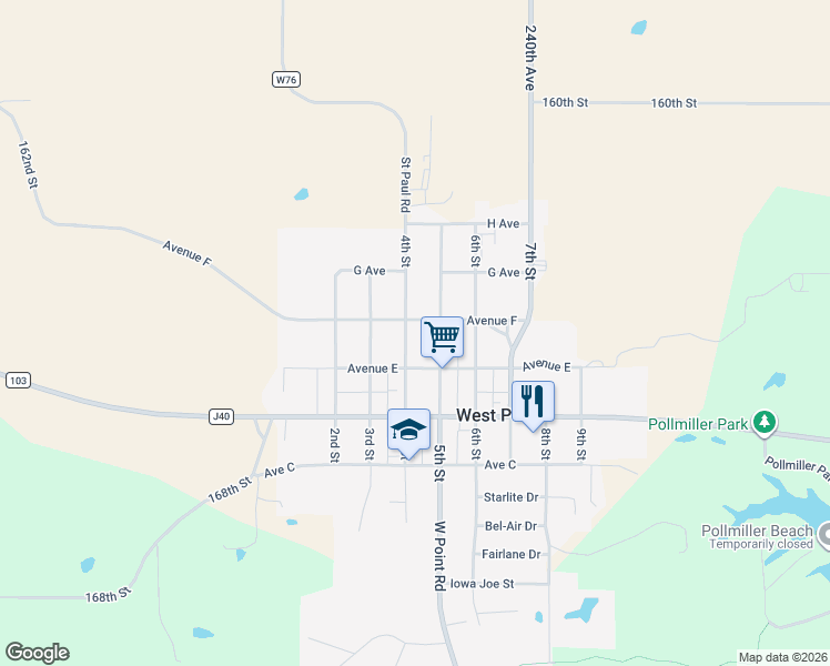 map of restaurants, bars, coffee shops, grocery stores, and more near 413 4th Street in West Point