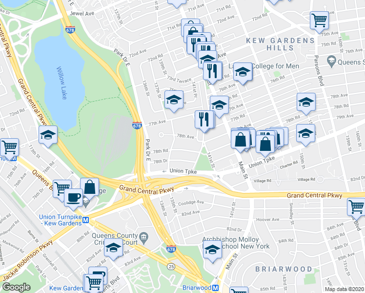 map of restaurants, bars, coffee shops, grocery stores, and more near 138-21 78th Road in Queens
