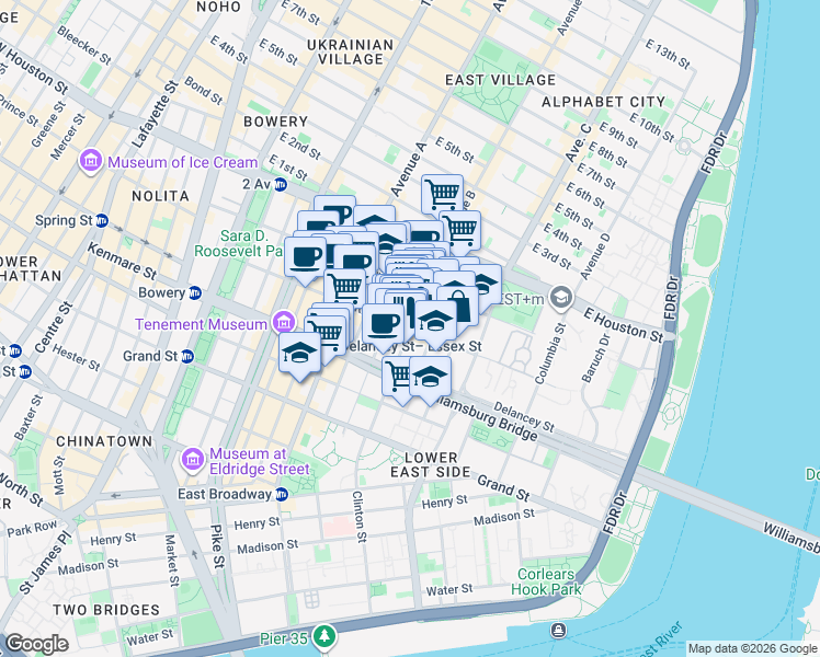 map of restaurants, bars, coffee shops, grocery stores, and more near Clinton St & Rivington St in New York