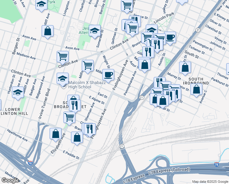 map of restaurants, bars, coffee shops, grocery stores, and more near 92 Frelinghuysen Avenue in Newark