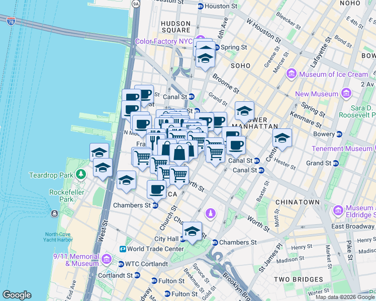 map of restaurants, bars, coffee shops, grocery stores, and more near in New York
