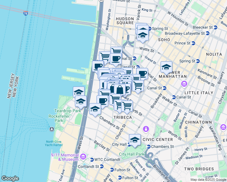 map of restaurants, bars, coffee shops, grocery stores, and more near 162 Franklin Street in New York