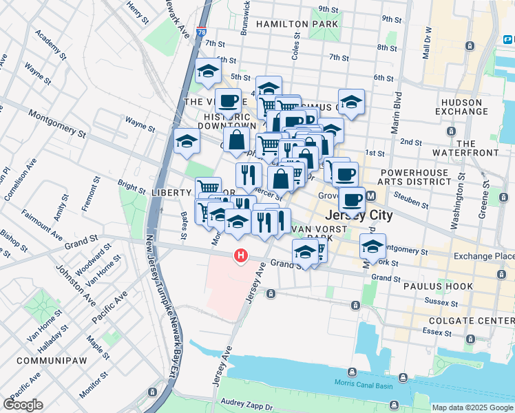 map of restaurants, bars, coffee shops, grocery stores, and more near Montgomery St & Varick St in Jersey City