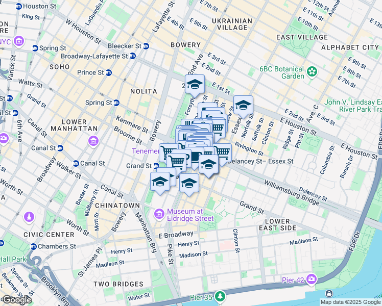 map of restaurants, bars, coffee shops, grocery stores, and more near 117 Orchard Street in New York