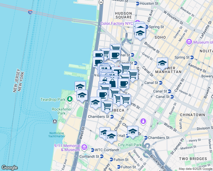 map of restaurants, bars, coffee shops, grocery stores, and more near 361 Greenwich Street in New York