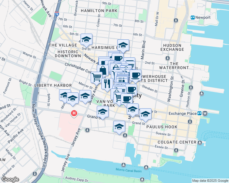 map of restaurants, bars, coffee shops, grocery stores, and more near 49 Wayne Street in Jersey City