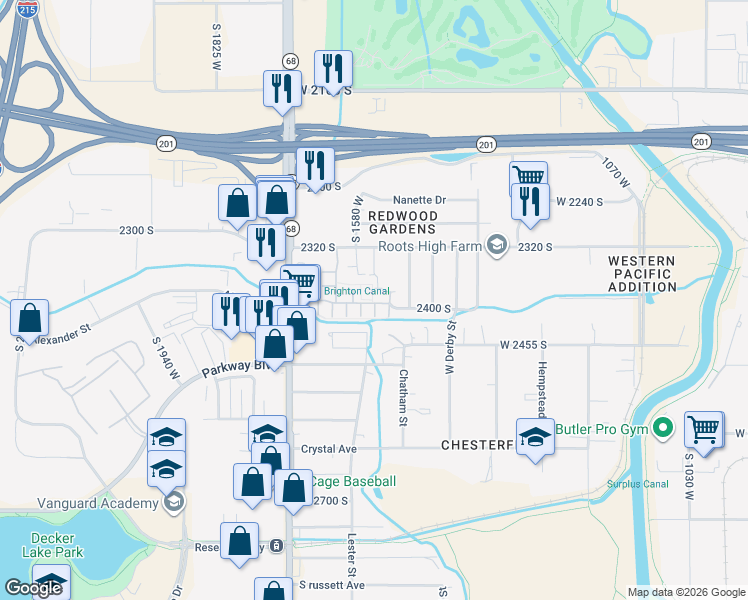 map of restaurants, bars, coffee shops, grocery stores, and more near 2383 Big Oak Court in West Valley City