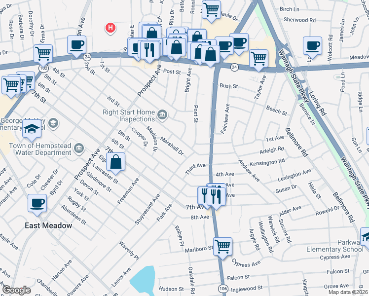 map of restaurants, bars, coffee shops, grocery stores, and more near 2510 2nd Street in East Meadow