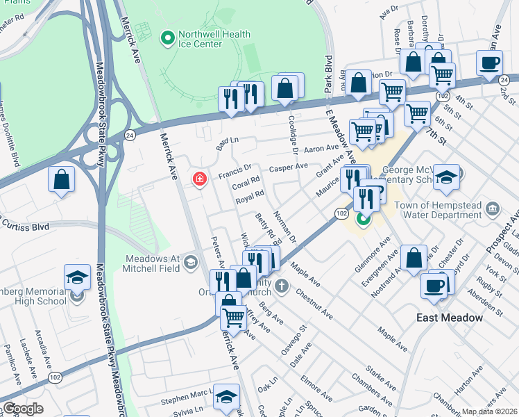 map of restaurants, bars, coffee shops, grocery stores, and more near 123 Betty Road in East Meadow