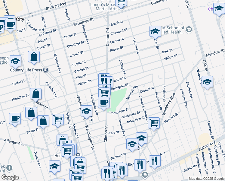 map of restaurants, bars, coffee shops, grocery stores, and more near 72 Wellington Street in Hempstead
