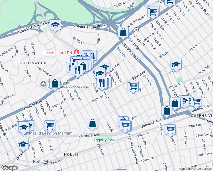 map of restaurants, bars, coffee shops, grocery stores, and more near 89-45 207th Street in Queens