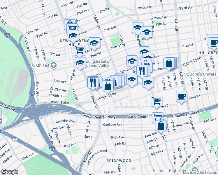 map of restaurants, bars, coffee shops, grocery stores, and more near 79-19 147th Street in Queens