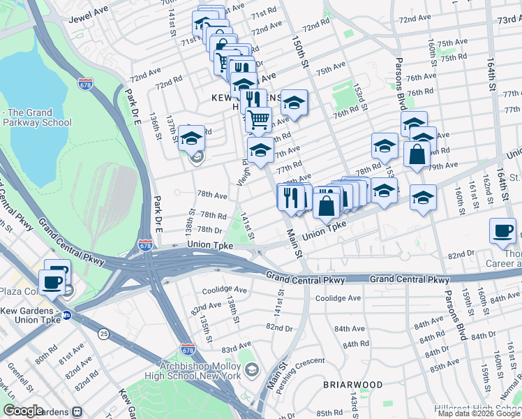 map of restaurants, bars, coffee shops, grocery stores, and more near 141-21 78th Road in Queens