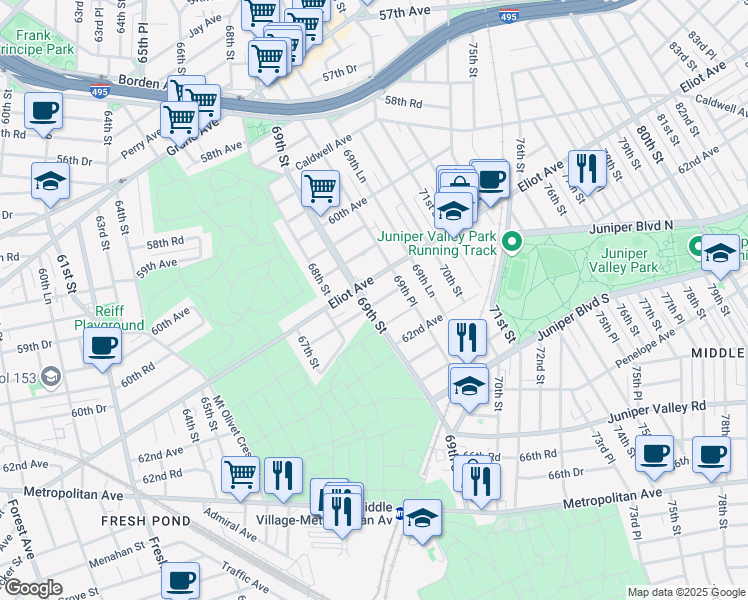 map of restaurants, bars, coffee shops, grocery stores, and more near 69-18 61st Road in Queens