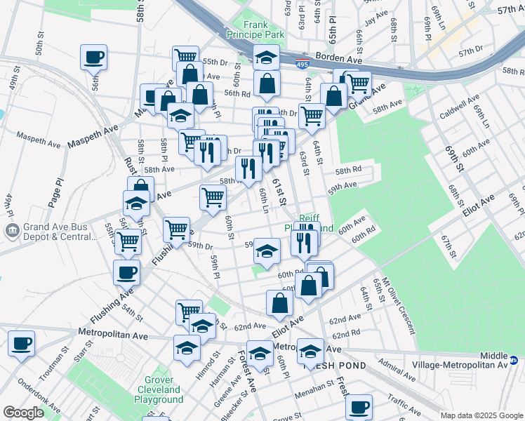 map of restaurants, bars, coffee shops, grocery stores, and more near 60-48 59th Avenue in Queens