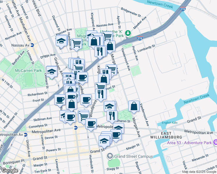 map of restaurants, bars, coffee shops, grocery stores, and more near 289 Frost Street in Brooklyn