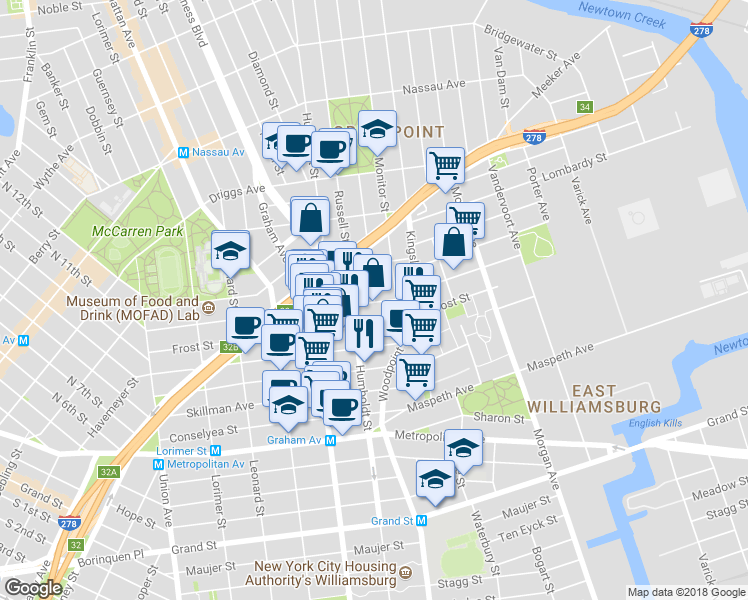 map of restaurants, bars, coffee shops, grocery stores, and more near 216 Richardson Street in Brooklyn