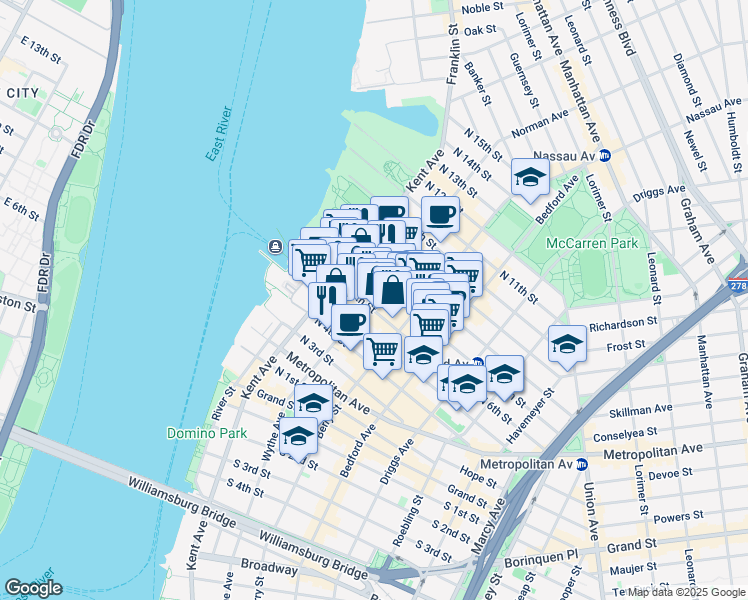 map of restaurants, bars, coffee shops, grocery stores, and more near 89 North 6th Street in Brooklyn