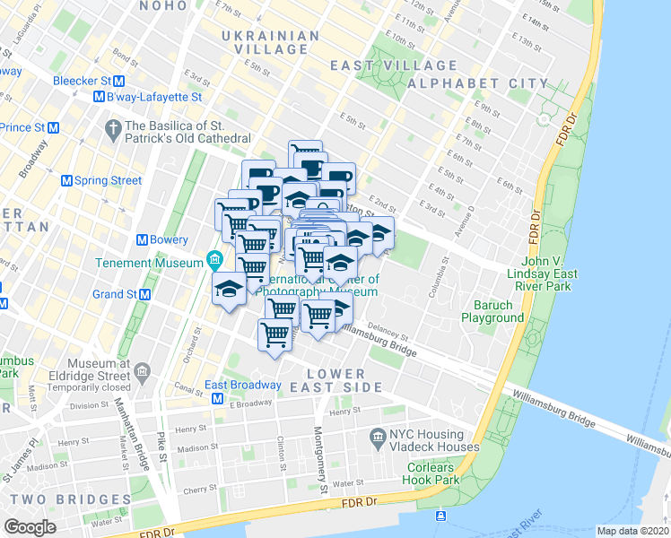 map of restaurants, bars, coffee shops, grocery stores, and more near 42 Clinton Street in New York