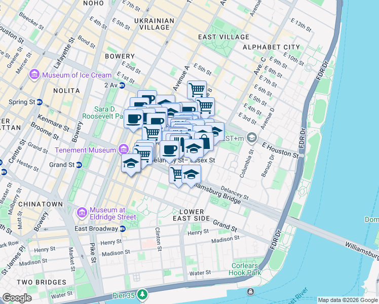 map of restaurants, bars, coffee shops, grocery stores, and more near 47 Clinton Street in New York