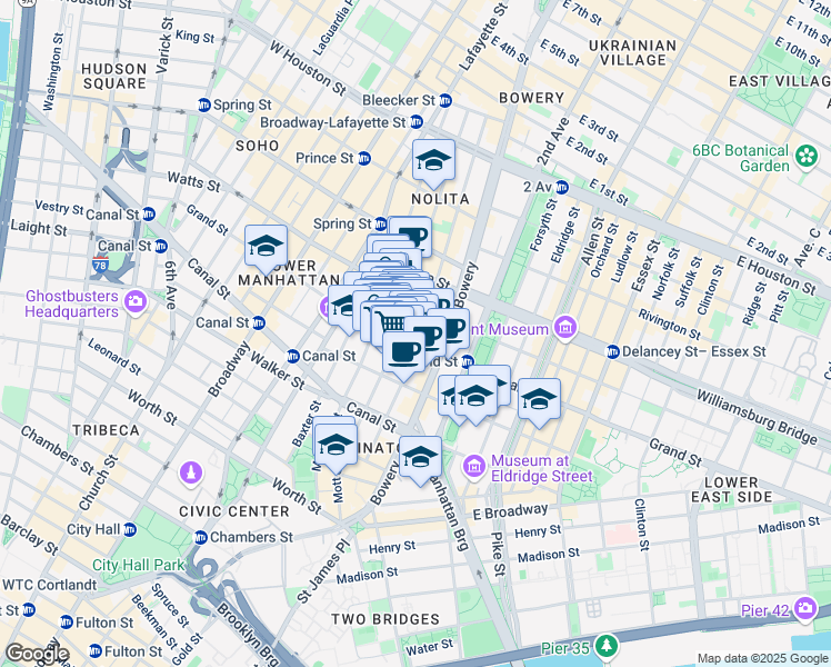 map of restaurants, bars, coffee shops, grocery stores, and more near 203 Grand Street in New York