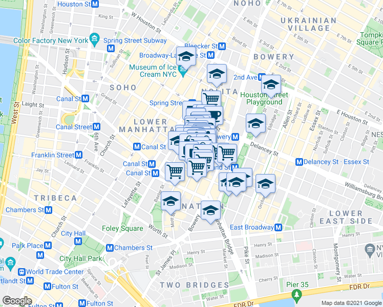 map of restaurants, bars, coffee shops, grocery stores, and more near 203 Grand Street in New York