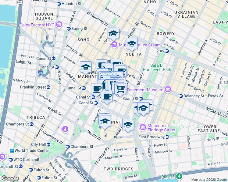 map of restaurants, bars, coffee shops, grocery stores, and more near 142 Mulberry Street in New York