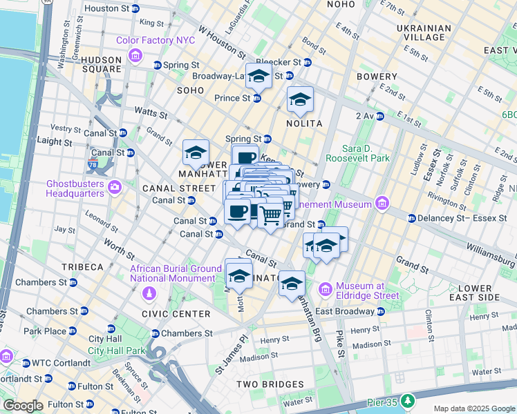 map of restaurants, bars, coffee shops, grocery stores, and more near 142 Mulberry Street in New York