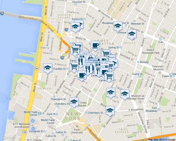 map of restaurants, bars, coffee shops, grocery stores, and more near 407 Broadway in New York