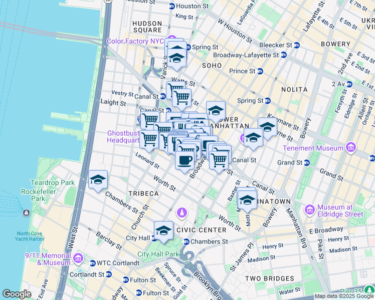 map of restaurants, bars, coffee shops, grocery stores, and more near 39 Walker Street in New York