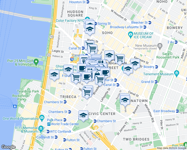 map of restaurants, bars, coffee shops, grocery stores, and more near 39 Walker Street in New York