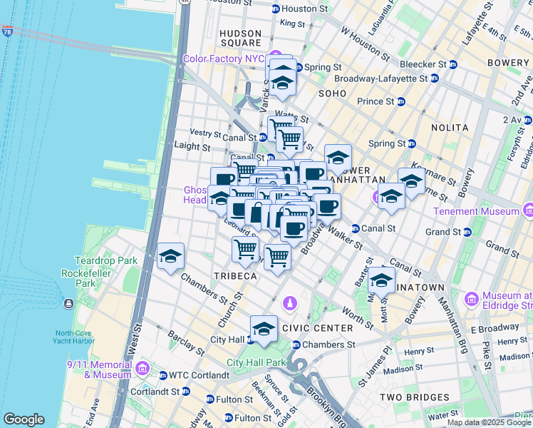 map of restaurants, bars, coffee shops, grocery stores, and more near 273 Church Street in New York
