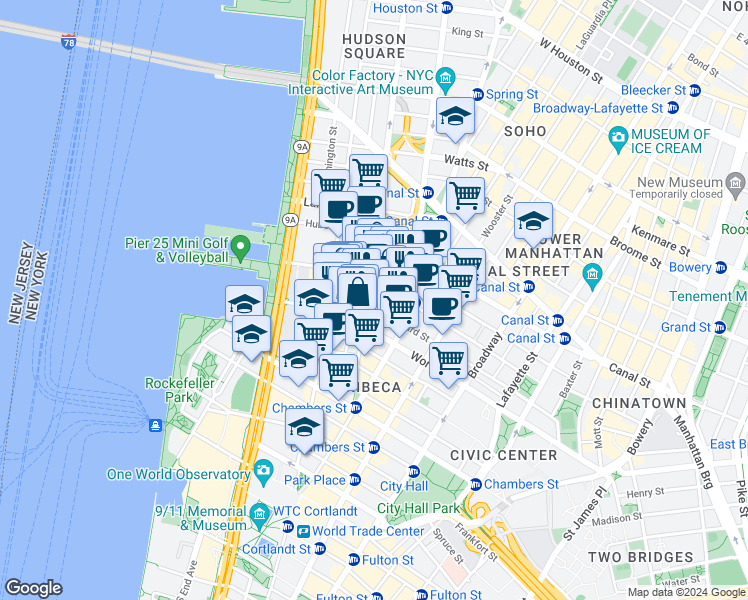 map of restaurants, bars, coffee shops, grocery stores, and more near 162 Franklin Street in New York