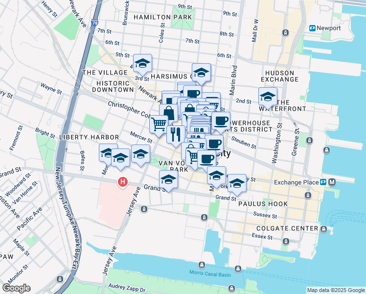 map of restaurants, bars, coffee shops, grocery stores, and more near 49 Wayne Street in Jersey City