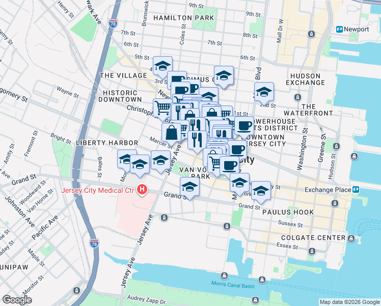map of restaurants, bars, coffee shops, grocery stores, and more near in Jersey City